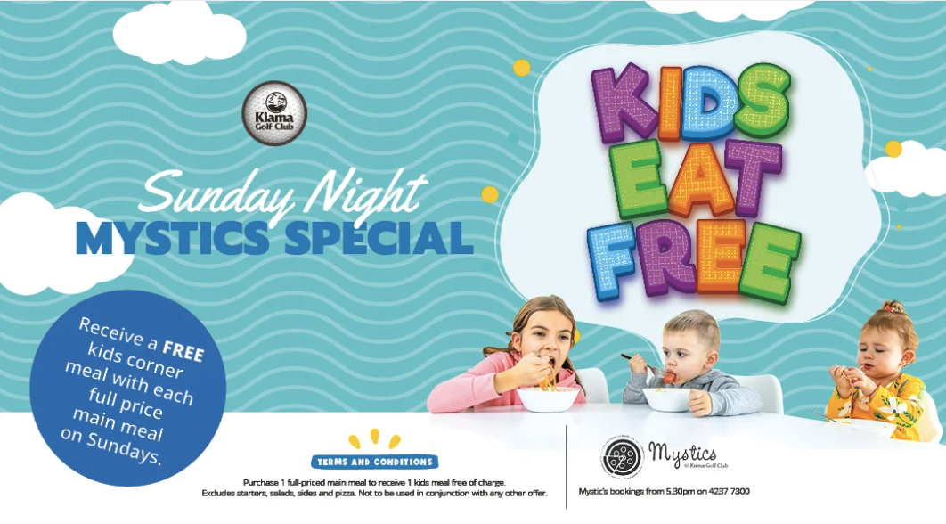 Banner for Kids Eat Free at Kiama Gold Club